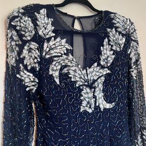 Vintage Scala Sequins Beaded Navy Blue Cocktail Dress with Silver Accents Size S
